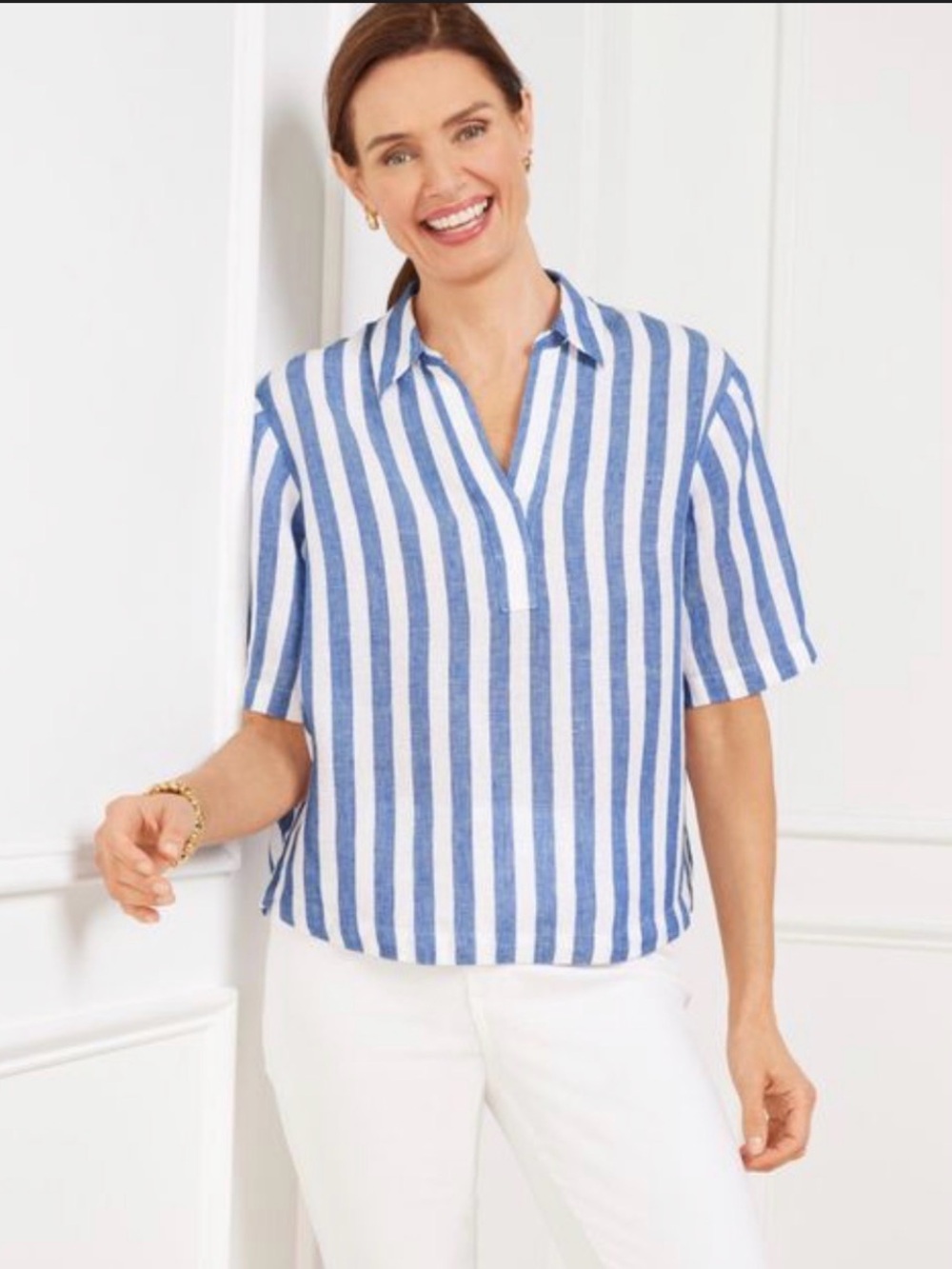 Talbots Blue & White 100% Linen Striped Popover Blouse | XL Petite NWT
